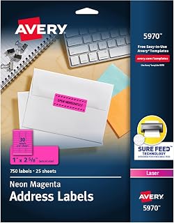 Avery Printable Address Labels with Sure Feed, 1" x 2-5/8", Neon Magenta, 750 Blank Mailing Labels (5970)