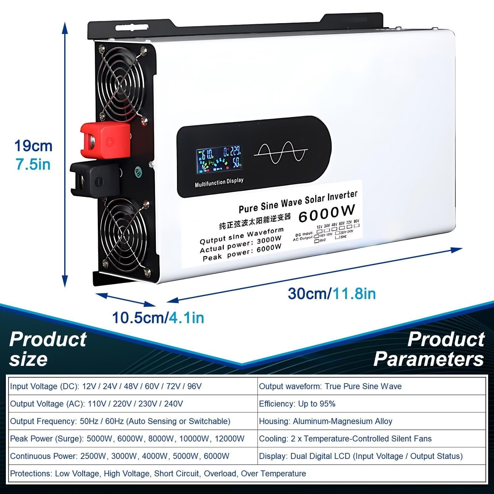 Onduleur solaire, convertisseur sinusoïdal pur, 12 V, 24 V, 48 V, 60 V, 72 V CC vers 110 V, 220 V CA, avec écran LCD, pour camion, maison, véhicules, ordinateurs portables, voyages, extérieur