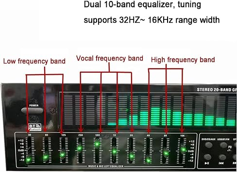 Digital Graphic Equalizer with Remote Control Audio Cable 12 Rhythm Modes Automatic Noise Reduction & LED Spectrum Analyzer for Recording Studios