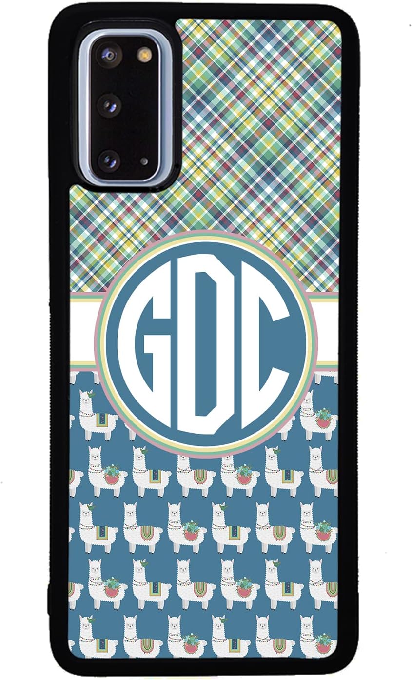 Plaid Llama Personalized Monogram Black Rubber Phone Case Compatible With Samsung Galaxy S25 S25FE S25+ S25 Ultra S24 S24+ S24 Ultra S24FE, S23 FE S23+ Ultra S22 S22+