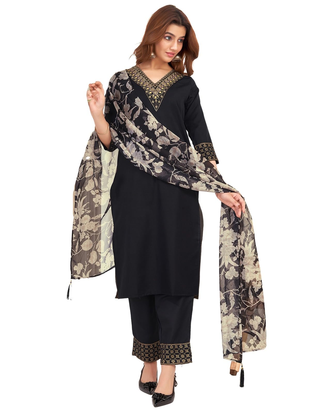 Sanisa Women's Cotton Blend Sequins Embroidery Foil Printed Straight Kurta With Pant And Dupatta Set (221Kbd2347N-S_Black)