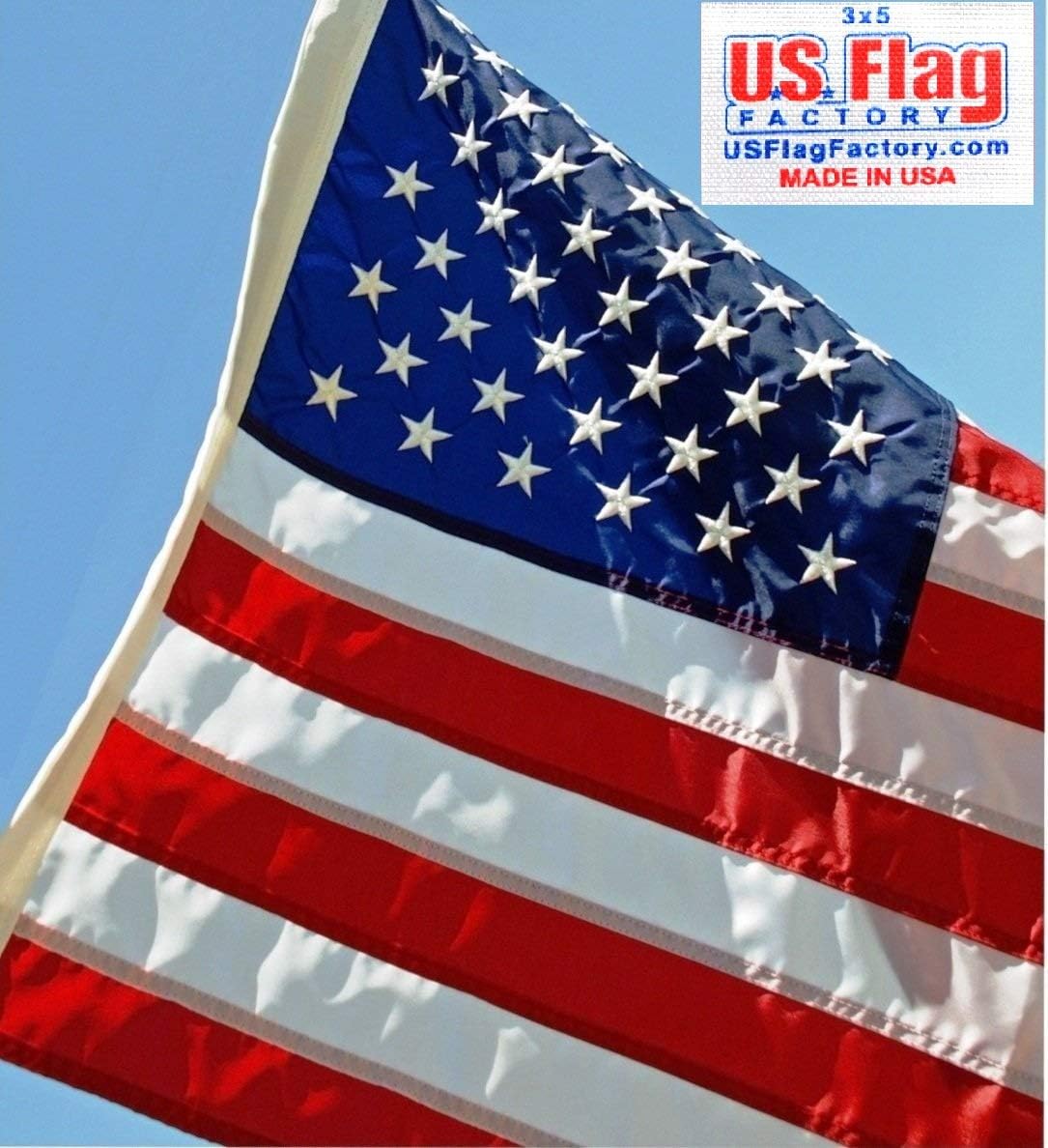 US Flag Factory 3'x5' US AMERICAN Flag (Embroidered Stars, Sewn Stripes) Outdoor SolarMax Nylon - Made in America - Premium Quality