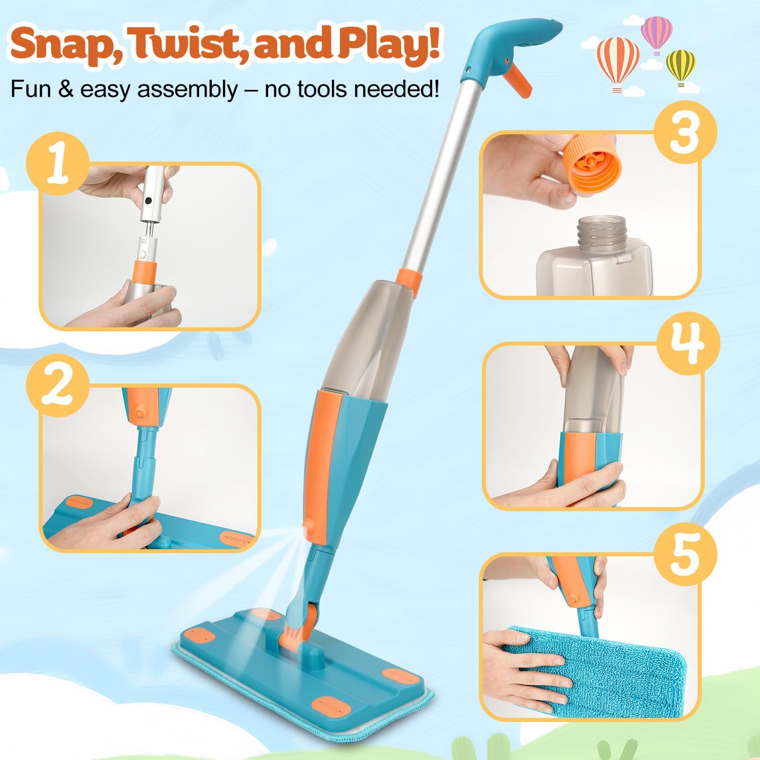Kids Spray Mop - Real Working Toddler Cleaning Toy Set with Water Sprayer & 2 Washable Pads - Montessori Mini Mop & Sweeper - Interactive Learning Toys for Kids Ages 3+