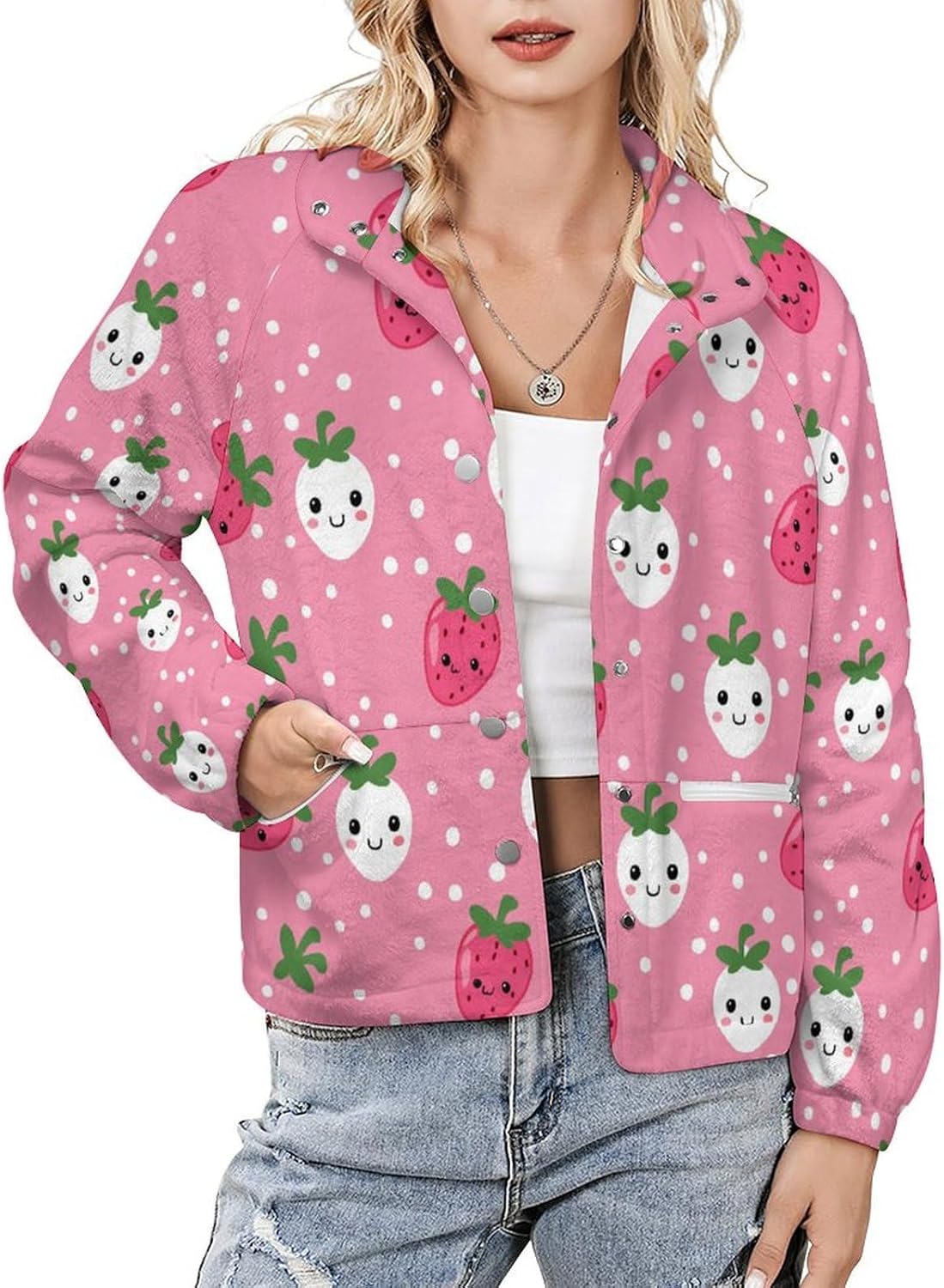 Panda Daisy Green Women’s Stand Collar Fleece Jacket Winter Outerwear Tops S-4XL