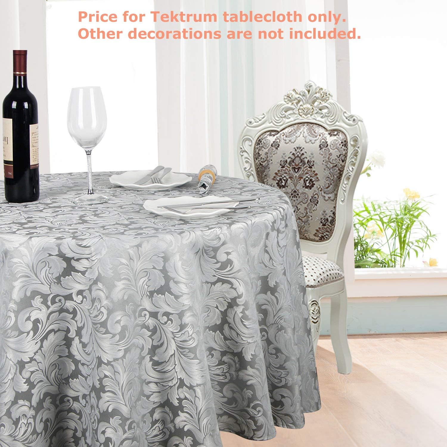 Tektrum Heavy Duty 90 inch Round Damask Jacquard Tablecloth Table Cover - Waterproof/Spill Proof/Stain Resistant/Wrinkle Free - Great for Banquet, Parties, Dinner, Restaurant, Wedding (Silver Gray)