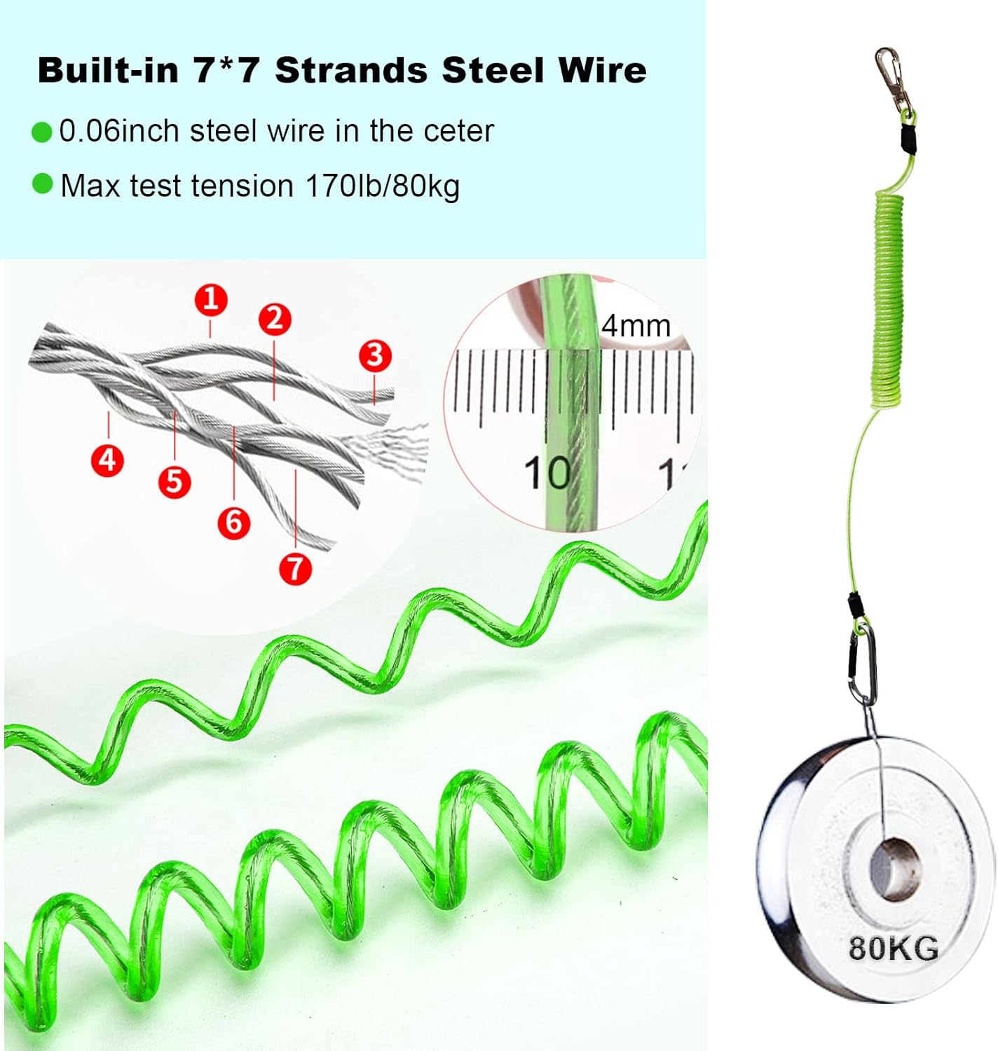 Fishing Lanyard, Heavy Duty Coiled Lanyards Stainless Steel Wire Inside, Safety Rope Extension Cord Tether Retractable Fishing Accessories for Rods, Pliers, Boating, Paddles, Kayak - Image 2