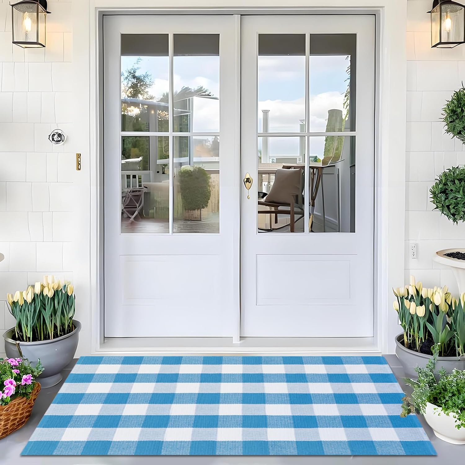 Ckorzen Blue and White Plaid Rug, 3' x 5' Spring Outdoor Front Porch Door Decor Mat, Washable Cotton Woven Farmhouse Area Rug for Layered Door Mats Carpet, Entryway, Easter Décor