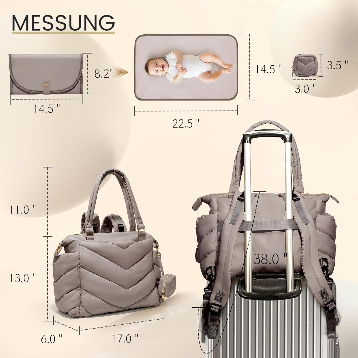 Diaper Bag Tote, Diaper Bag Backpack,Puffer Tote Bag with Pacifier Case, Lightweight Mommy for Hospital, Puffy with 10 Pockets, Convertible Baby for Travel,Khaki - Image 6