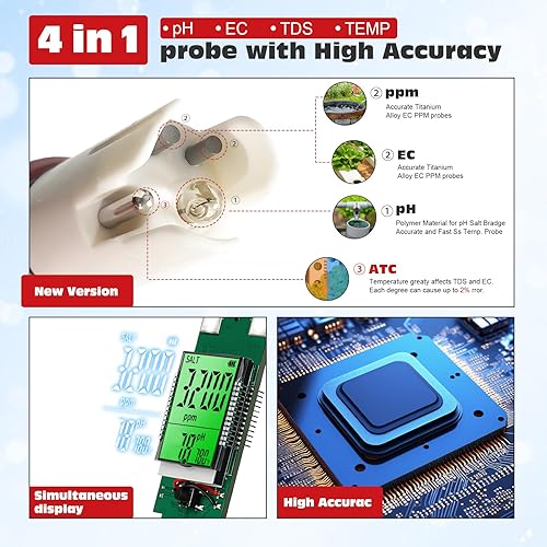 Miniatura 6 de Probador de pH, medidor de pH digital para agua, nueva versión TDS medidor para agua potable con retroiluminación pantalla simultáneamente 4 en 1