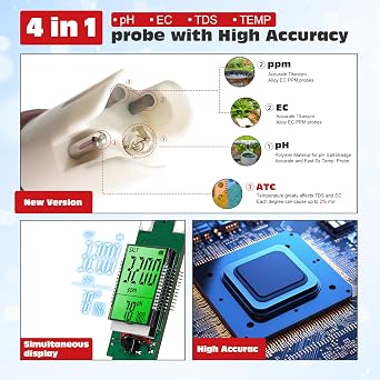 pH Tester,Digital pH Meter for Water,New Version TDS Meter for Drinking Water with Backlit Simultaneously Display 4 in 1 TDS pH EC Meter for Water Hydroponic Nutrient Solution,Pool,Home Use