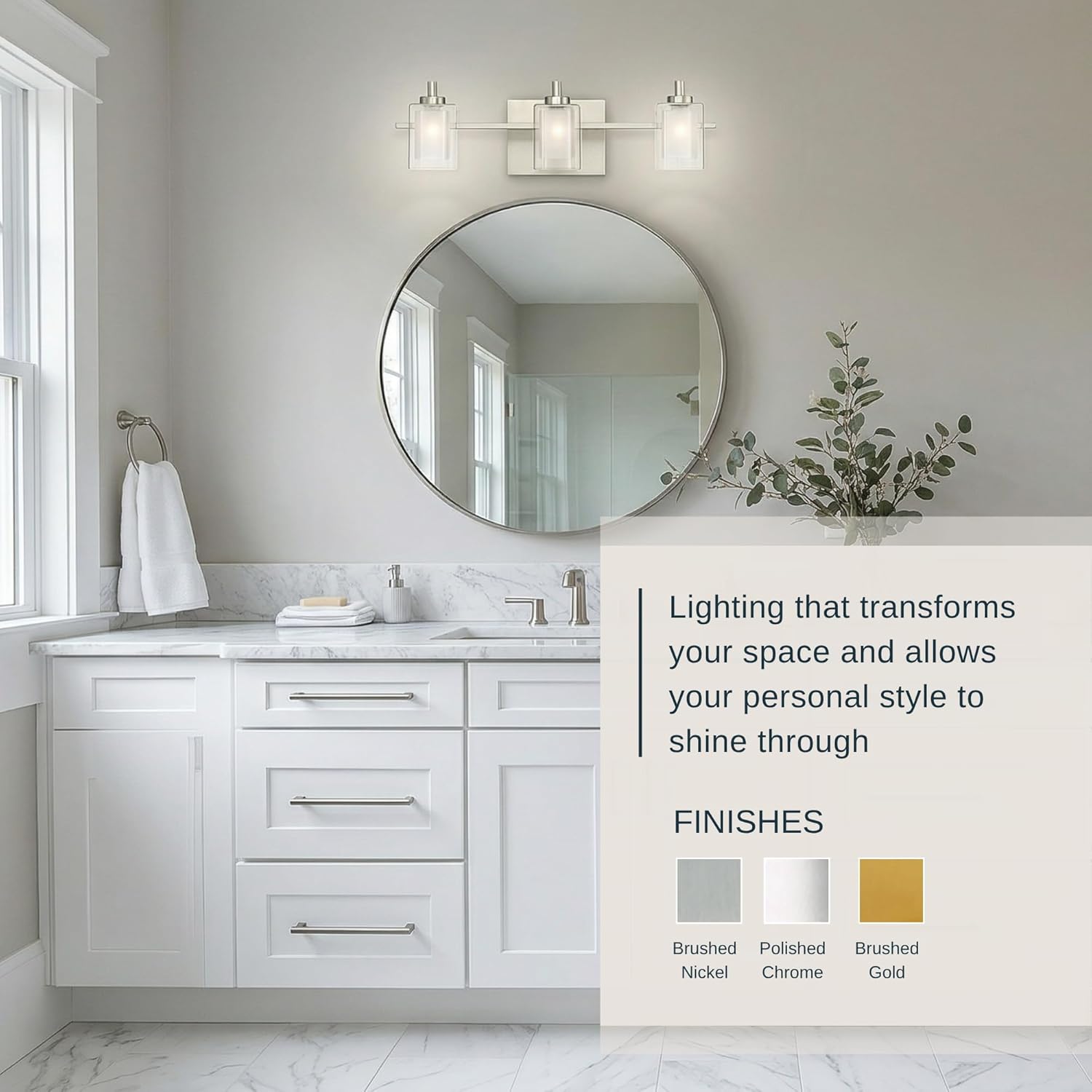 Quoizel Kolt 21" LED Vanity Light, 3-Light Brushed Nickel, Clear Sandblasted Glass, Modern Bathroom Fixture Over Mirror