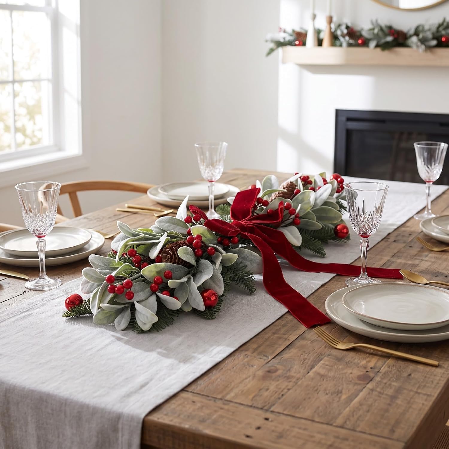 Fafeicy Artificial Christmas Swag with Pinecones Berries Red Bow