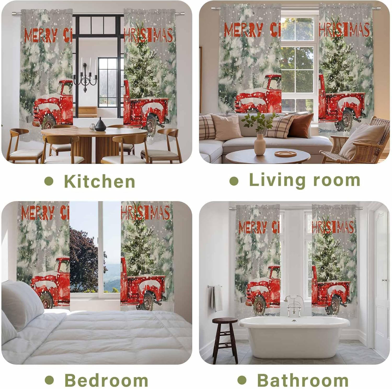 Grey Christmas Window Curtains 72 Inch Long 2 Panel Set, Rod Pocket Long Curtains & Drapes, Red Truck Xmas Tree Snowflake Light Filtering Window Treatment for Bedroom Living Room 52"W x 72"L