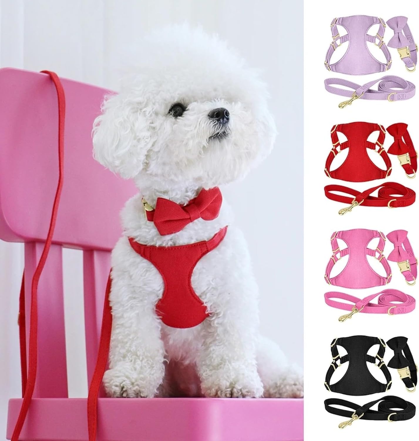 Soft Comfortable Pug Chihuahua Yorkshire Collar Harness Leash Set with Bow Adjustable Dog Harness for Small Medium Dogs,Purple,S