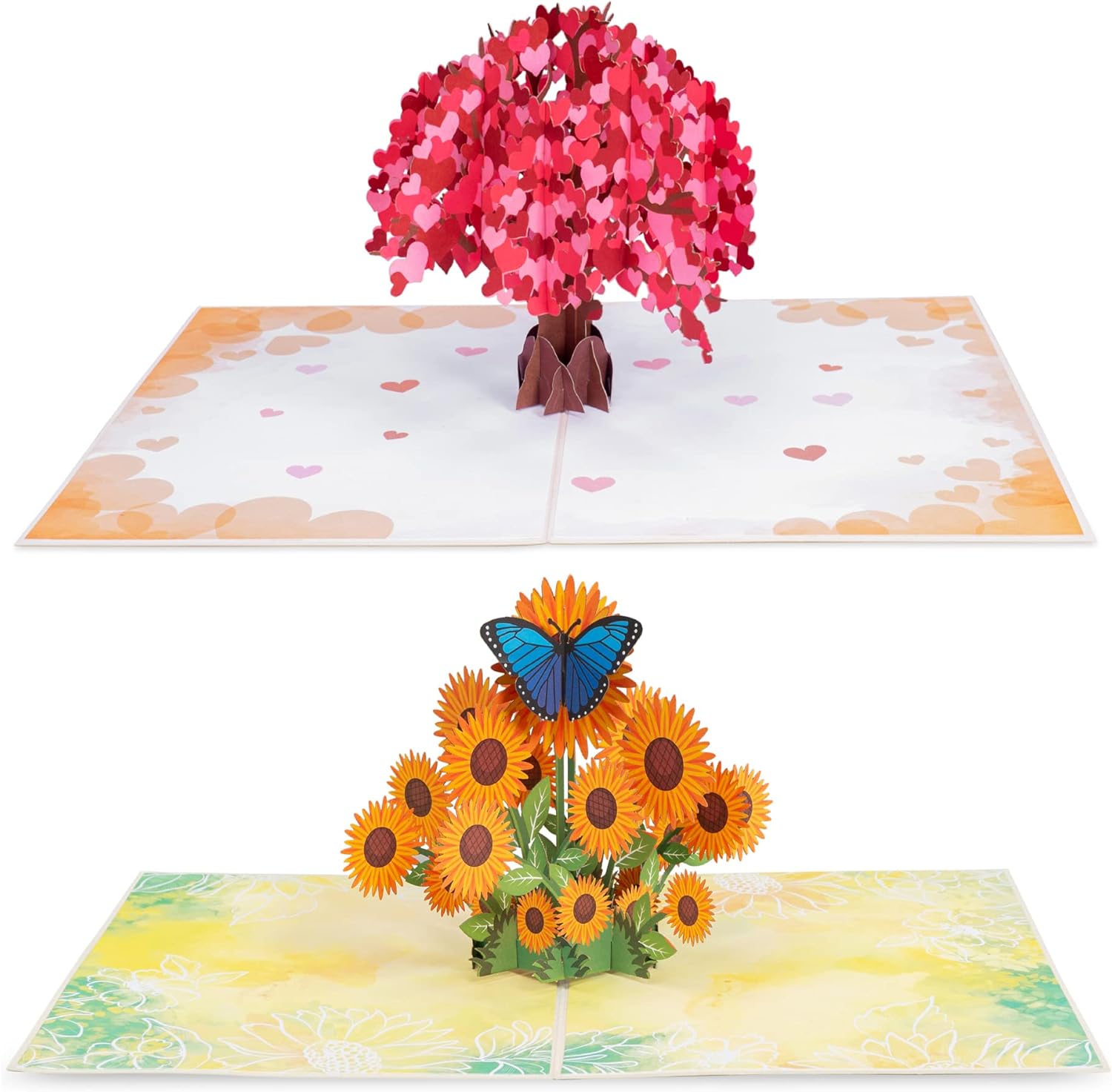 Paper Love Pop Up Cards 2 Pack - Includes 1 Heart Tree and 1 Sunflower, For All Occasions, Mother Day, Birthday, Just Because- Includes Envelope and Note Tag