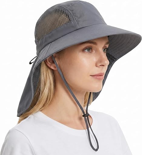 Moon Kitty UV Sun Protection Hat Women Foldable Neck Flap Wide Brim Fishing Hat with Ponytail Hole for Women