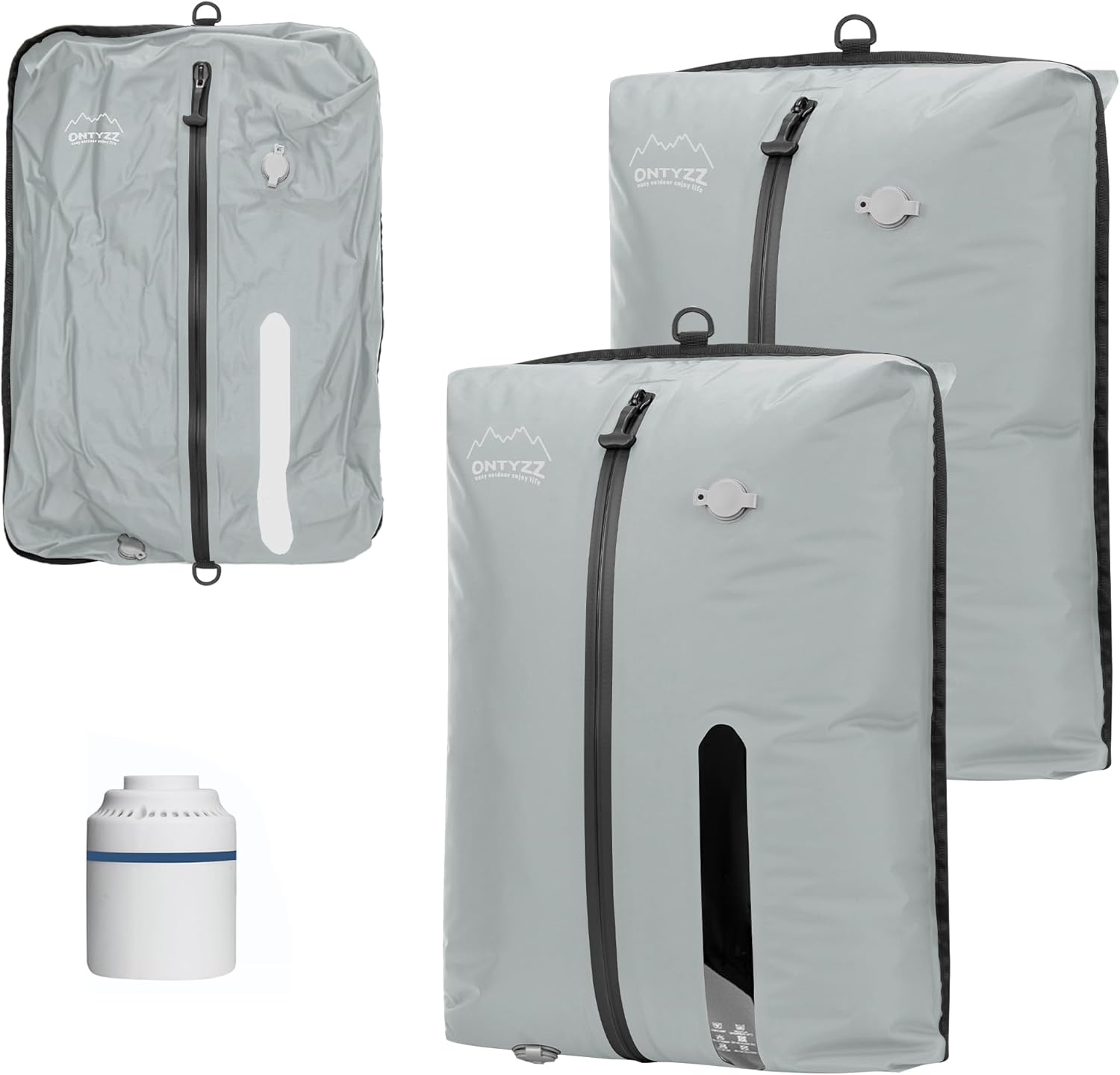 ONTYZZ Vacuum Bags for Travel, Reusable Vacuum Compression Bag, Recycled IPX8 Waterproof Space Saver Bag for Luggage/Camping/Home Storage (2 Pack with Air Pump-Grey)