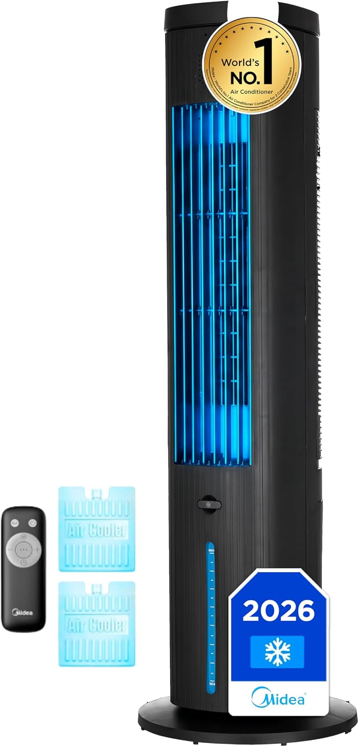 MIDEA Climatizador Evaporativo 3 en 1 con Mando a Distancia - Ventilador de Agua, Enfriador de Aire, Humidificador de 3 Velocidades, Oscilación 85º - Climatizador Frio Silencioso con Tanque de Agua 5L