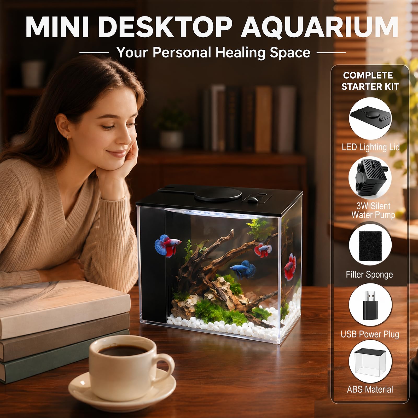 LOMUG Mini aquarium Betta de 4,3 l avec pompe à filtre, éclairage LED, idéal pour les petits poissons, crevettes, plantes, Aquascape DIY (20 x 15 x 15 cm, noir)