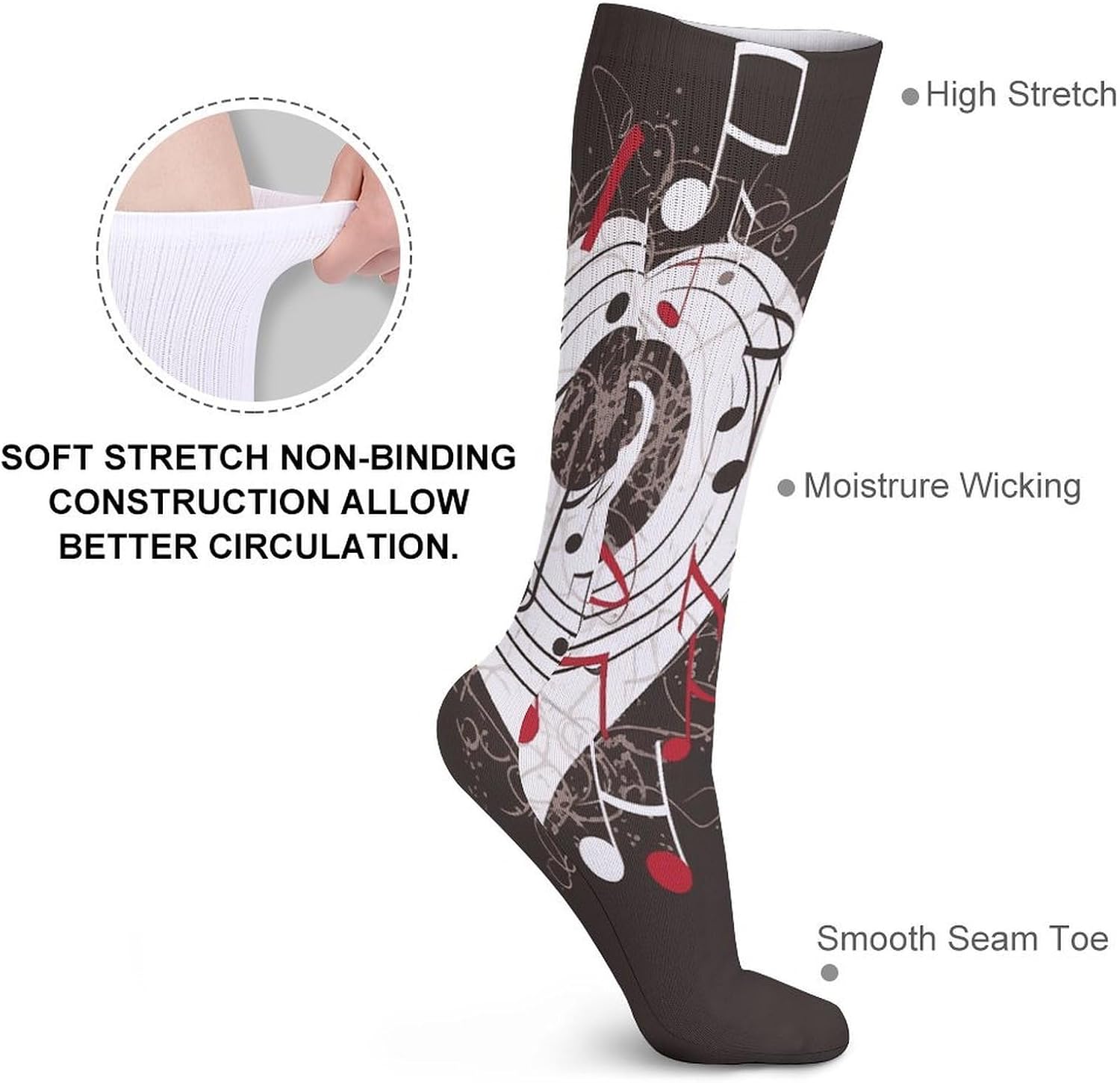 Music Symbols Love Crew Socks Cozy Casual Calf Socks Lightweight Long Work Sock Breathable Athletic Sock for Hiking Sports Running 5 Pairs
