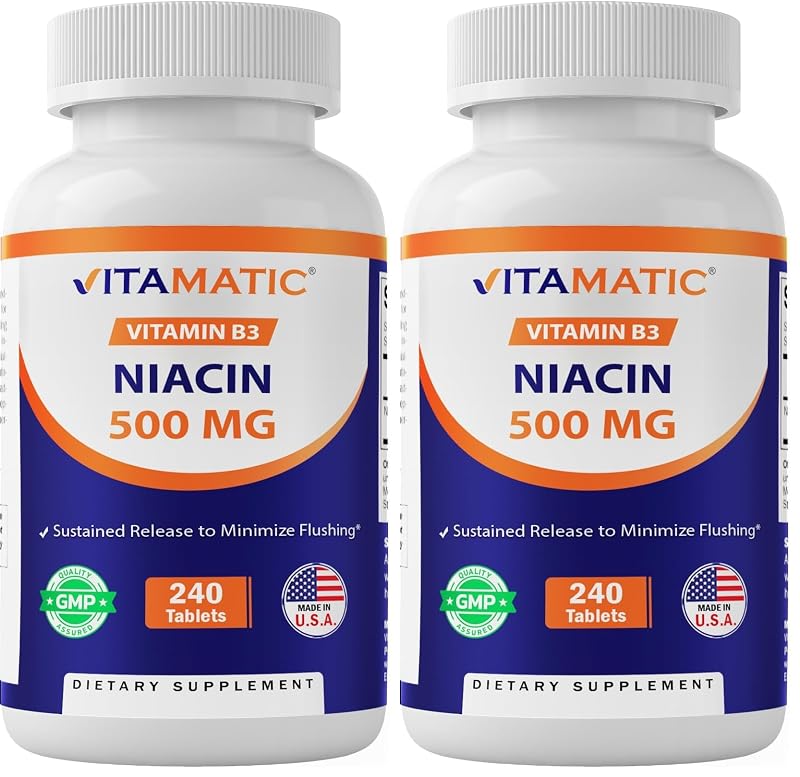 Vitamatic Niacina (Vitamina B3) 500 mg de liberação prolongada, pacote com 2 frascos de 240 comprimidos
