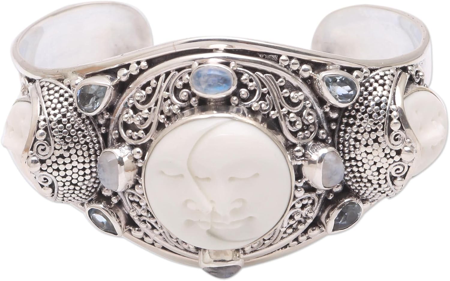 NOVICA Handmade Rainbow Moonstone and Blue Topaz Cuff Bracelet | Bali Sterling Silver | Hand Carved Bone | Balinese Traditional Sun Birthstone Jewelry | 'Keeper of The' | 5.5 in L x 1.5 in W