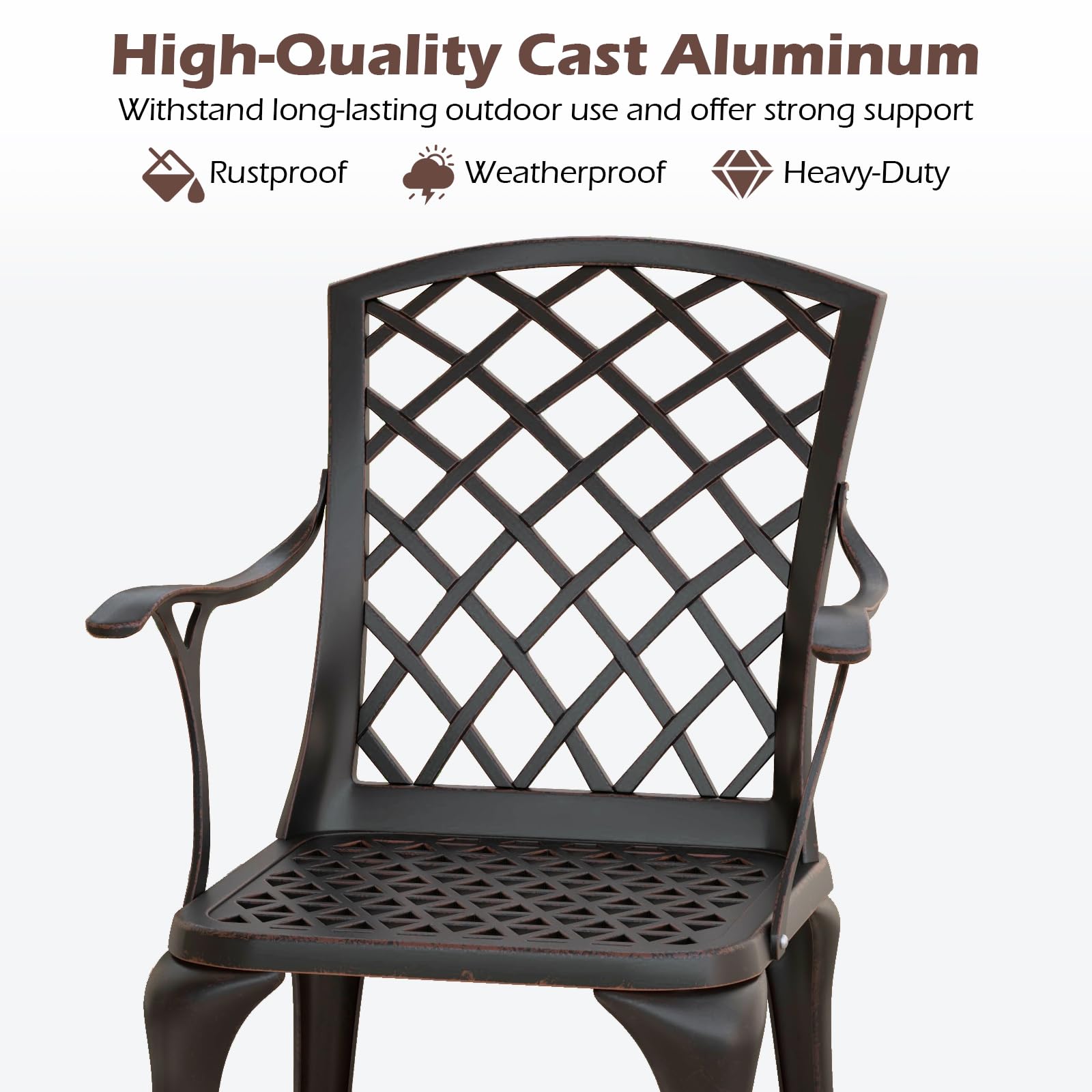 KOMFOTTEU Juego de 2 Sillas de Jardín de Aluminio Fundido, Silla Terreza Exterior con Reposabrazos y Respaldo, Silla de Bistró con Carga 110 kg, Silla de Comedor para Balcón, Patio (Bronce)