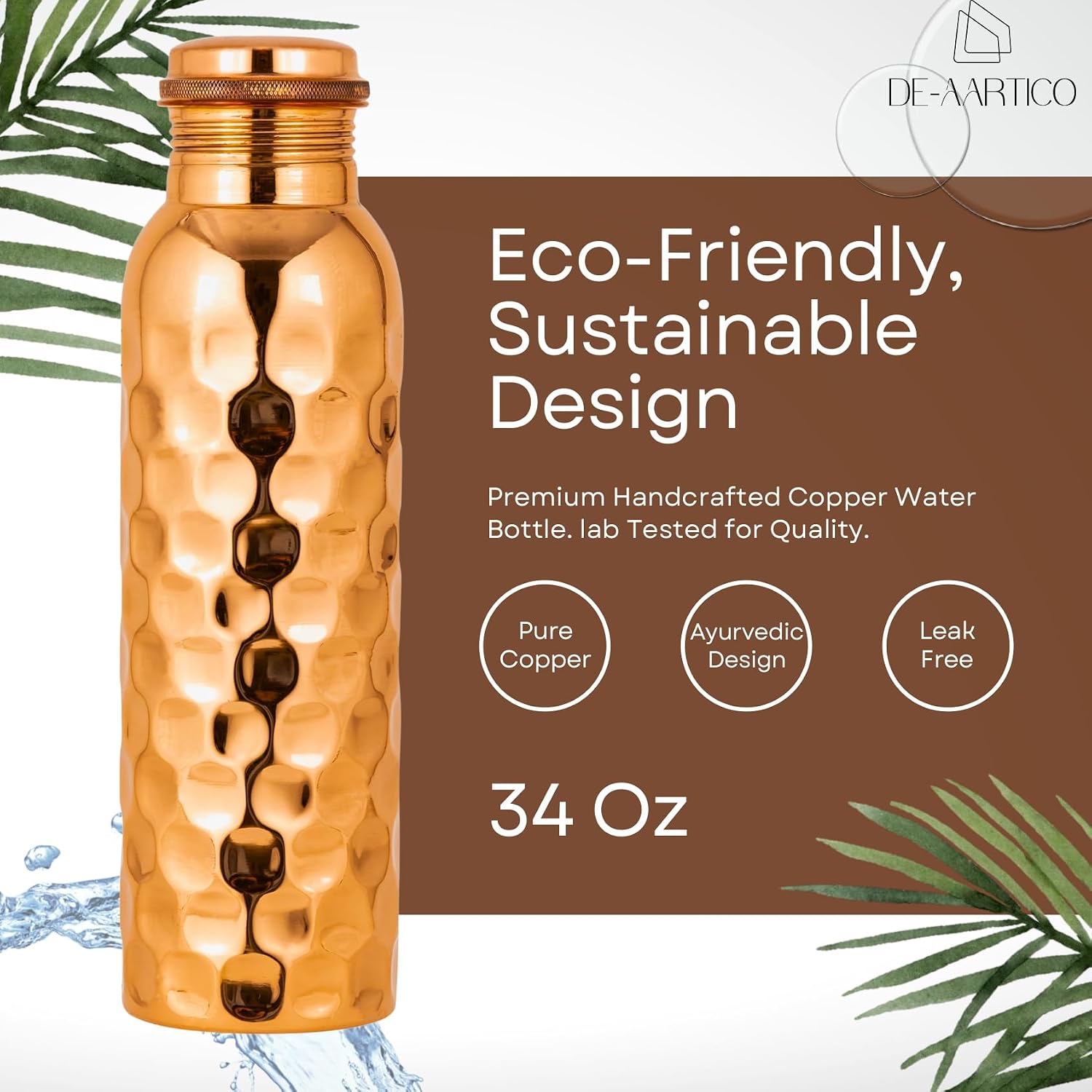 34 Oz Copper Water Bottle - Ayurvedic Hammered Pure Copper Vessel for Hydration, Extra Large, Health Benefits for Drinking Water, Natural Detox, Lower Sugar Intake, Eco-Friendly