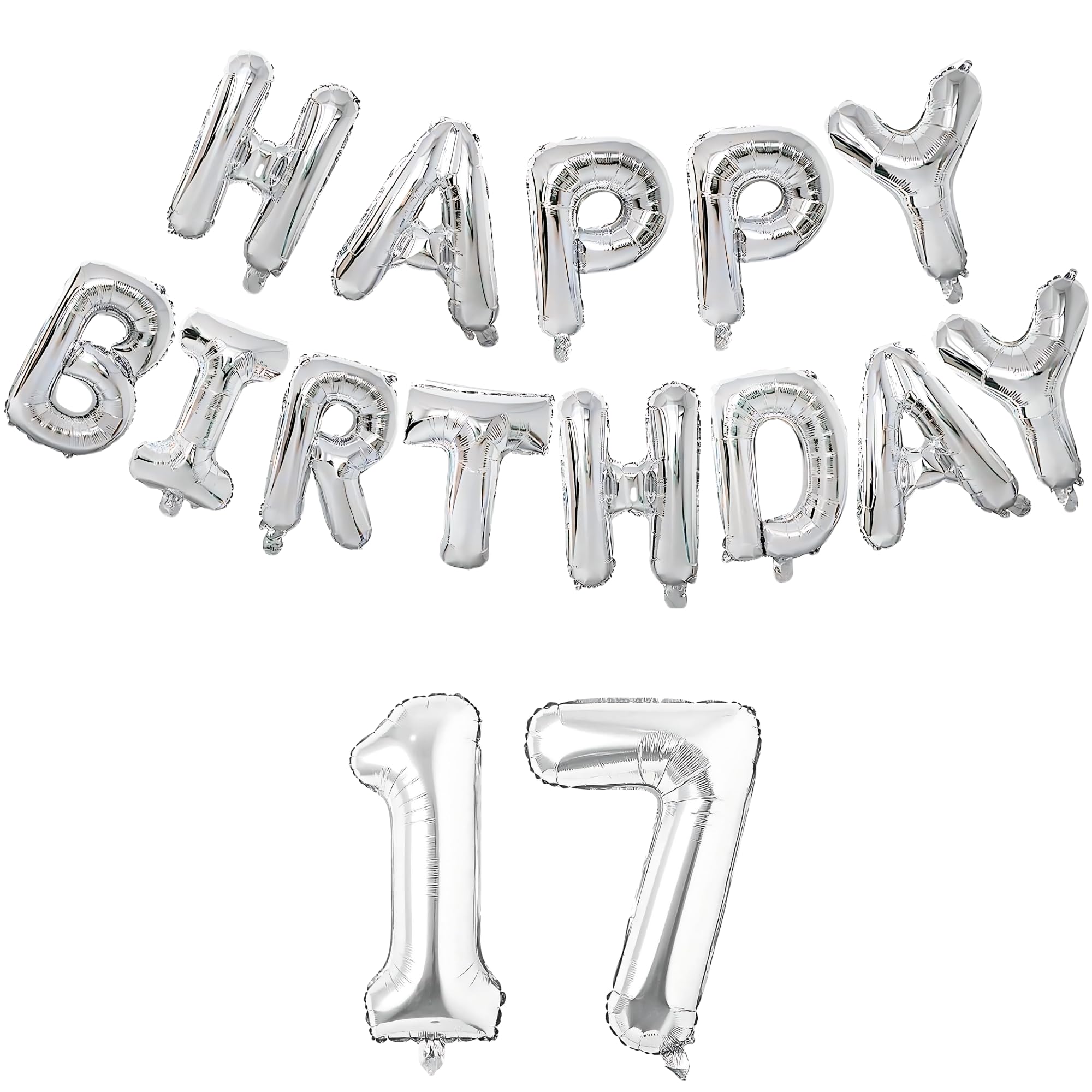 Flyloons 17th Silver Happy Birthday Foil Balloon Set for 17 Year Old Boys Girls Teenage | with Number Seventeen | 13 Letters Reusable Happy Birthday Metallic Foil Balloons Decoration Kit,15 piece-image-21