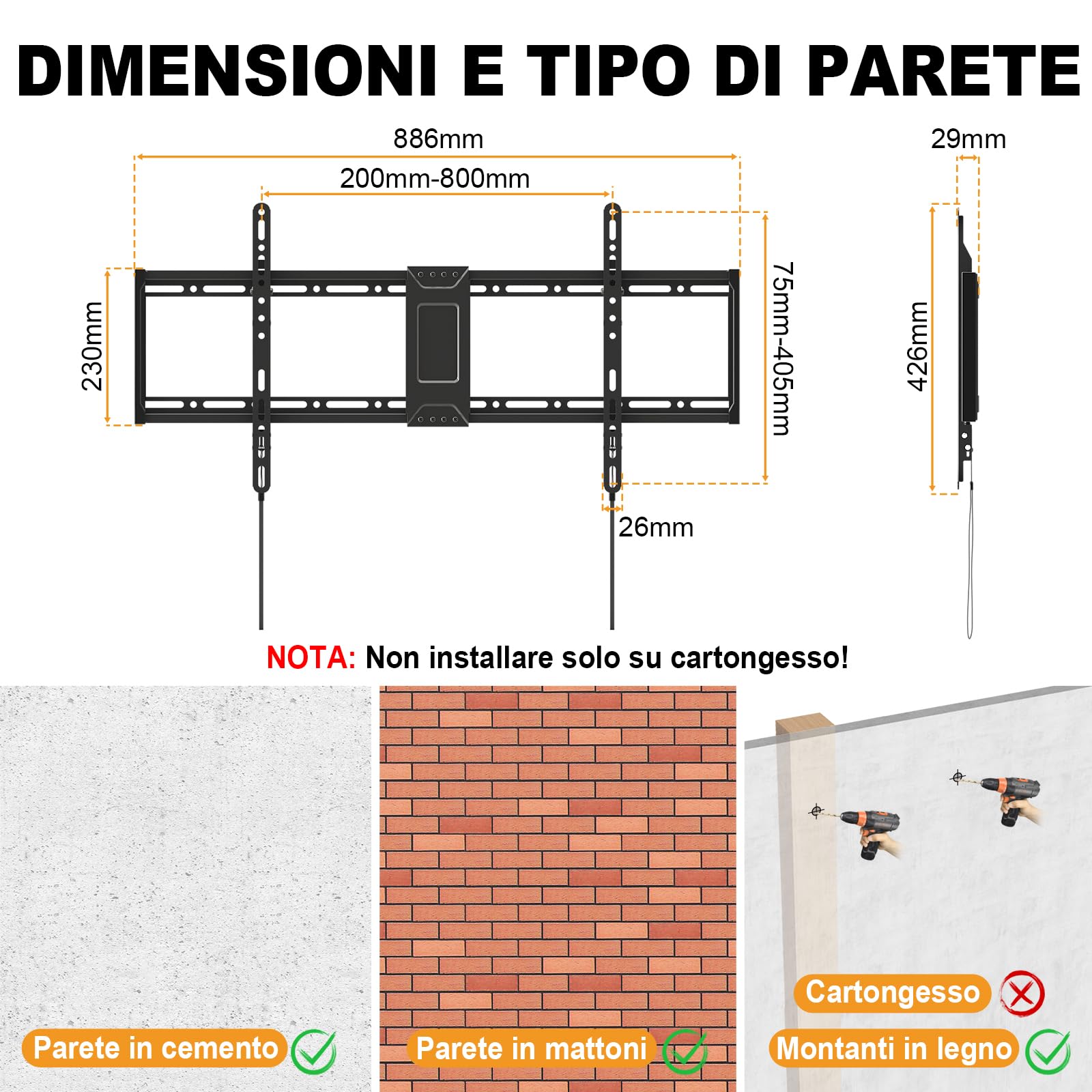 Supporto universale per TV da 43–100 pollici fisso, Supporto piatto per TV fino a 75 kg, compatibile con VESA 800 x 400, nero
