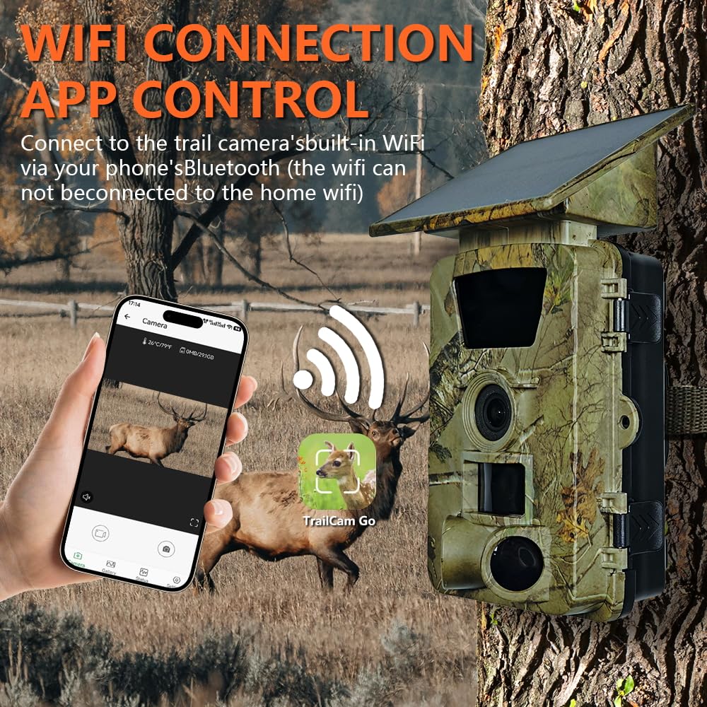 Solar Wildkamera 5K HD 60MP mit Nachtsicht & WLAN-App, 5200mAh Akku + Solar, 0.2s Auslöser, 120° IP67 Wasserdicht, Bewegungsmelder für Outdoor-Tierüberwachung