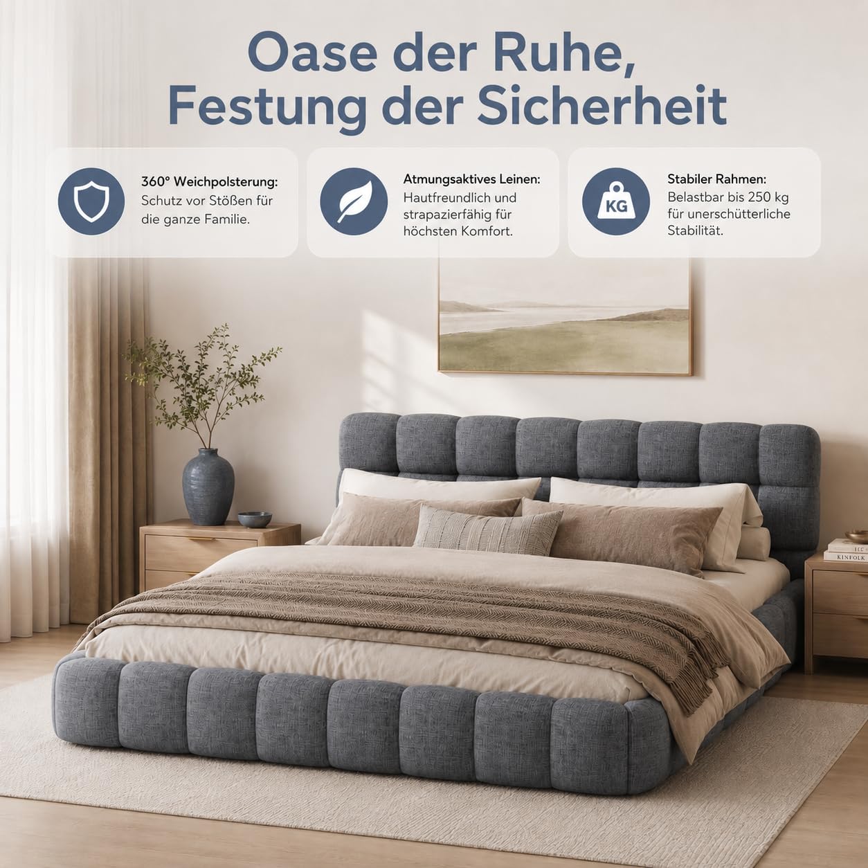 Cama acolchada de 140 x 190 cm, cama de matrimonio acolchada de tela con estructura de cama con cabecero y somier de láminas, cama de matrimonio para niños, respaldo suave y estructura acolchada (gris