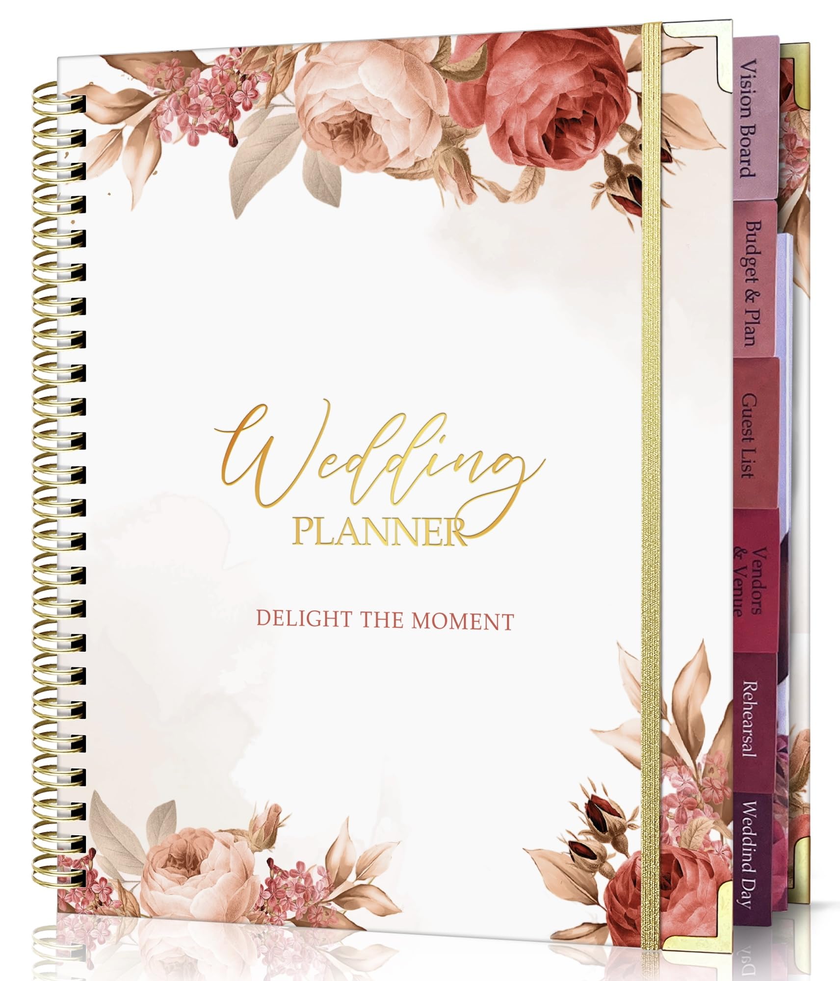 Eleganter Vintage-Hochzeitsplaner mit Blumenmuster, 22,9 x 27,9 cm, Hochzeitsplaner und Organizer mit goldenen Kanten, schönen Rosen und Taschenteilern, Tagebuch mit 132 Seiten, Hochzeitsplaner für