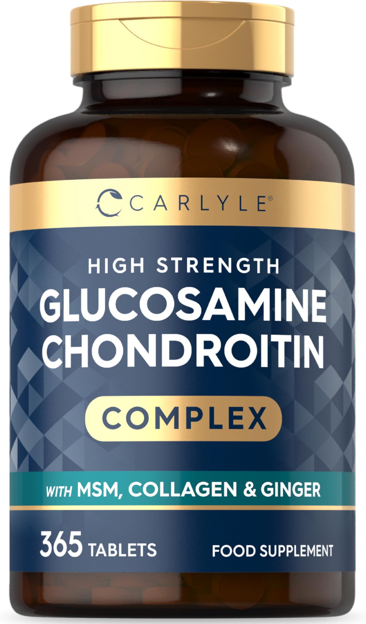 Glucosamine and Chrondroitin High Strength Complex 1130mg | 365 Tablets | Providing 800mg of Glucosamine Sulphate with MSM, Collagen and Ginger | No Artificial Preservatives | by Carlyle