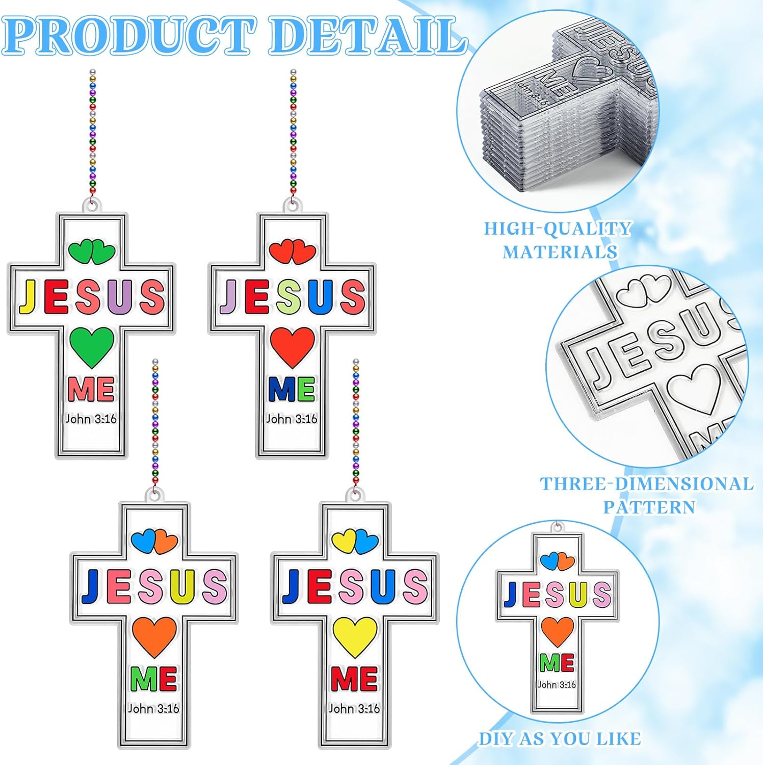 Blueweenly 72 Pcs Christian Crafts Cross Craft Kit to Paint Religious Cross Suncatchers Ornaments Bulk for Catholic Schools Week Sunday School DIY Window (Cute)