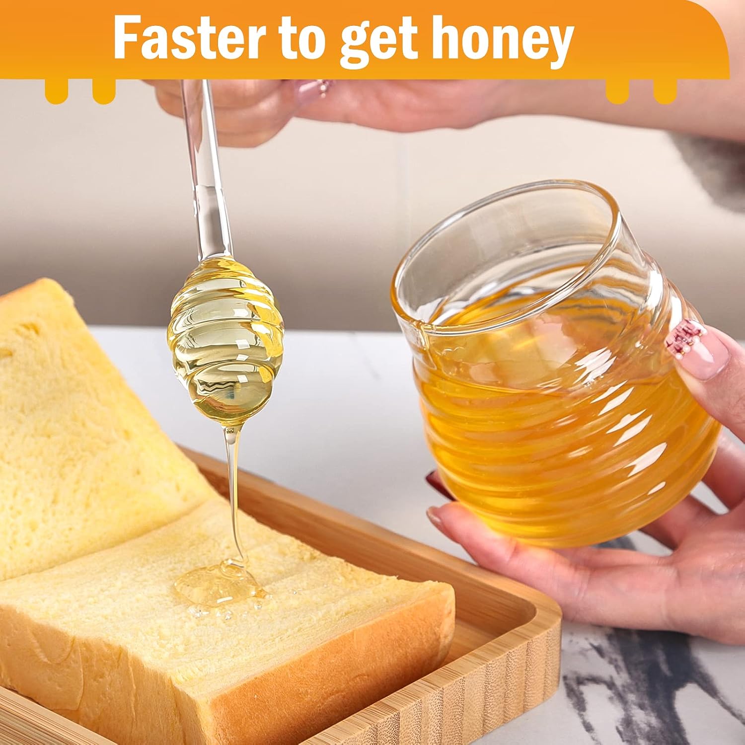 Honey Jar with Dipper and Lid,Glass Honey Pot Container Dispenser,Clear Glass Honey Container for Home Kitchen,Store Honey and Syrup,Easy to Clean