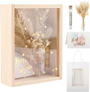 CYIOU Hochzeitsgeschenke für Brautpaar Geldgeschenk Hochzeit Holzbox + Getrocknete Blumen + Reagenzglas + Grußkarte (Beste Wünsche) + Tasche Hochzeitstag Hochzeitsgeschenk Geld Geschenk Box
