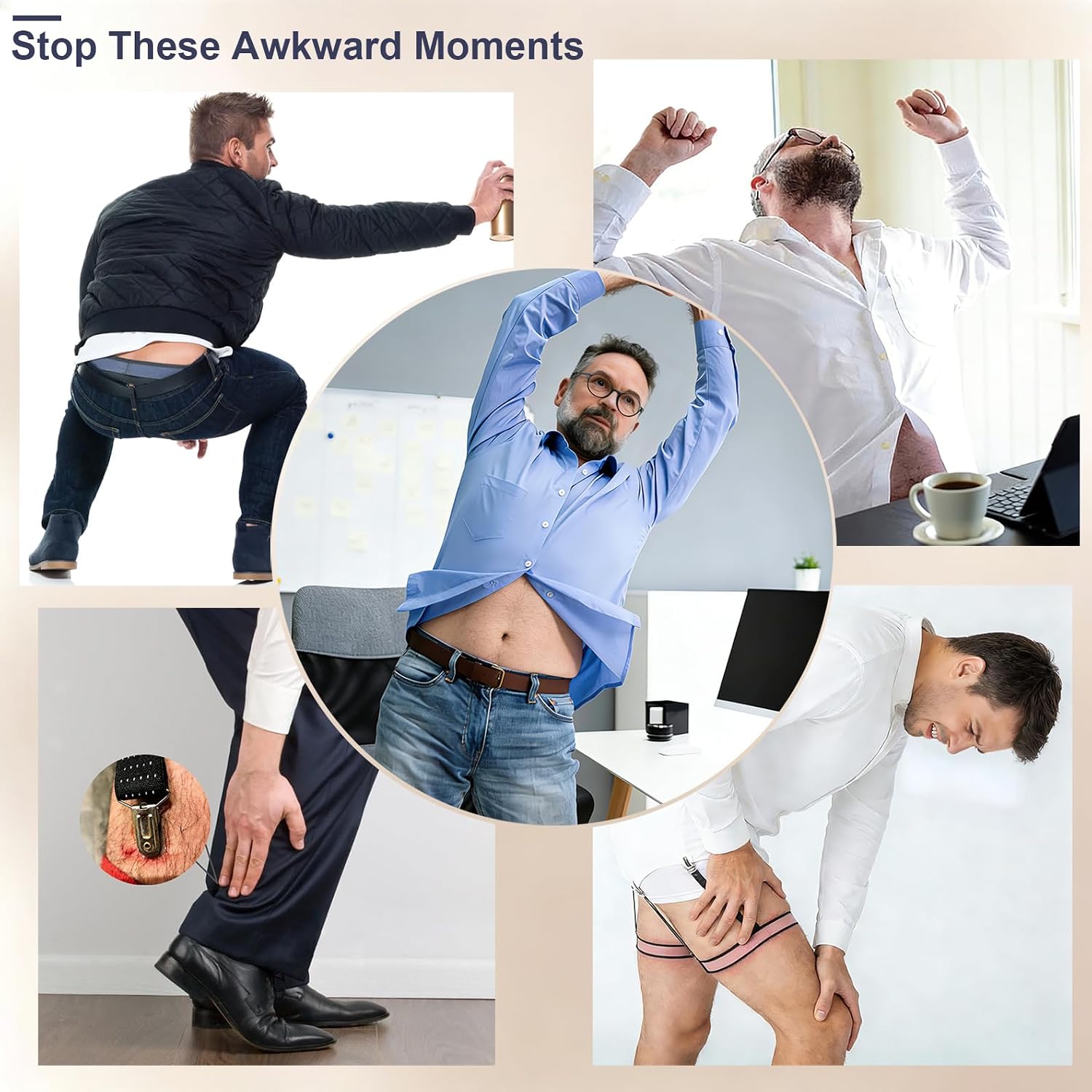 Shirt Stays for Men, No Sock Clips Belt Shirt Stay, 1.2-Inch Wide Skin-Friendly Elastic, Adjustable Waist 30–60 Inches, Keeps Shirts Tucked All Day, Discreet for Work & Uniform