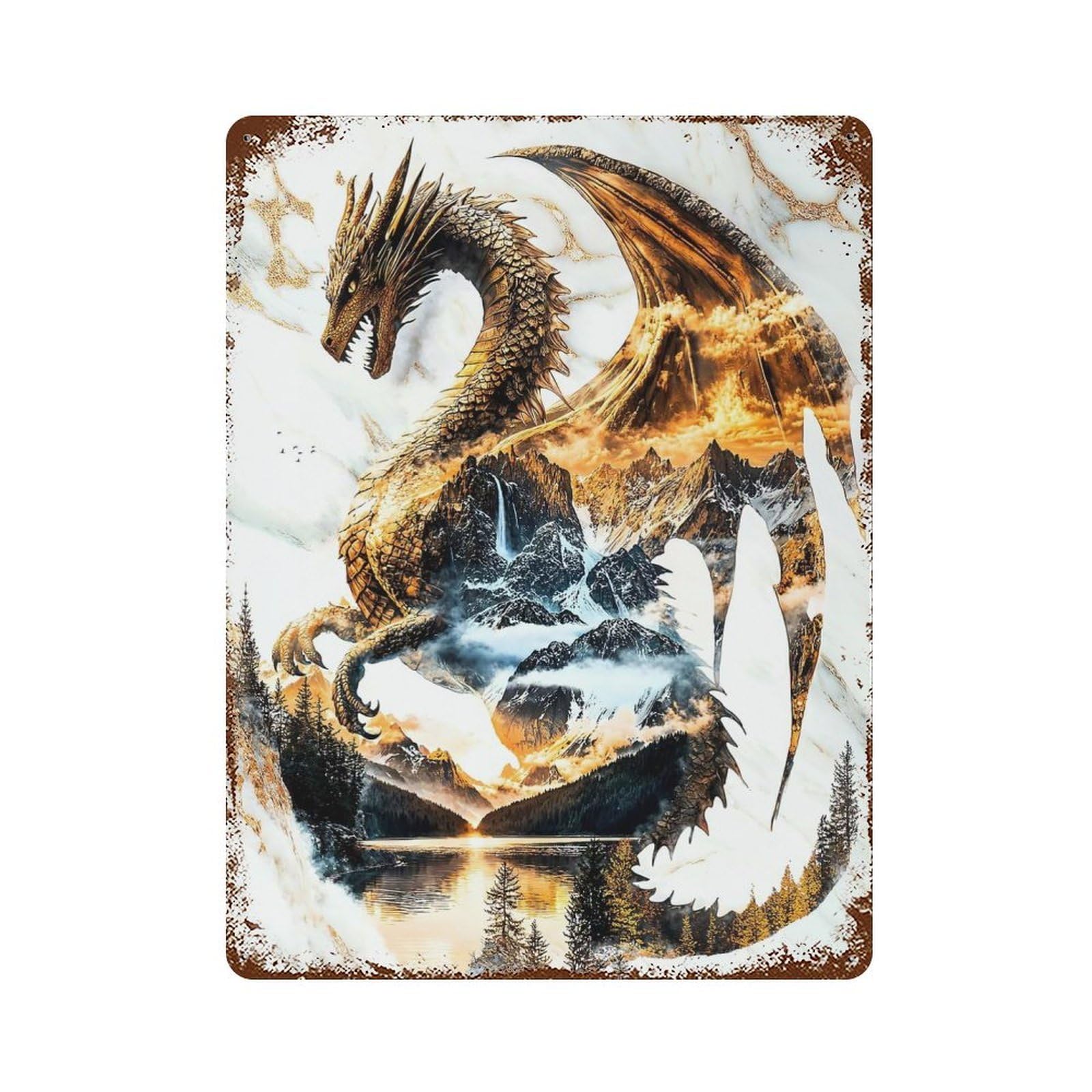 Aged Metal Wall Plaque with Dragon of Eternal Dawn Design 15.7"x11.8", for Basement, Hobby Room And Garage Decor, Farmhouse Wall Decor
