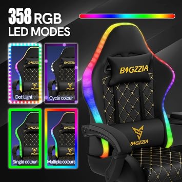 bigzzia Gaming Chair with Lights Computer Game Chair RGB Led, PU Leather Video Game Chair for Adults with Footrest (Black, With RGB chair)