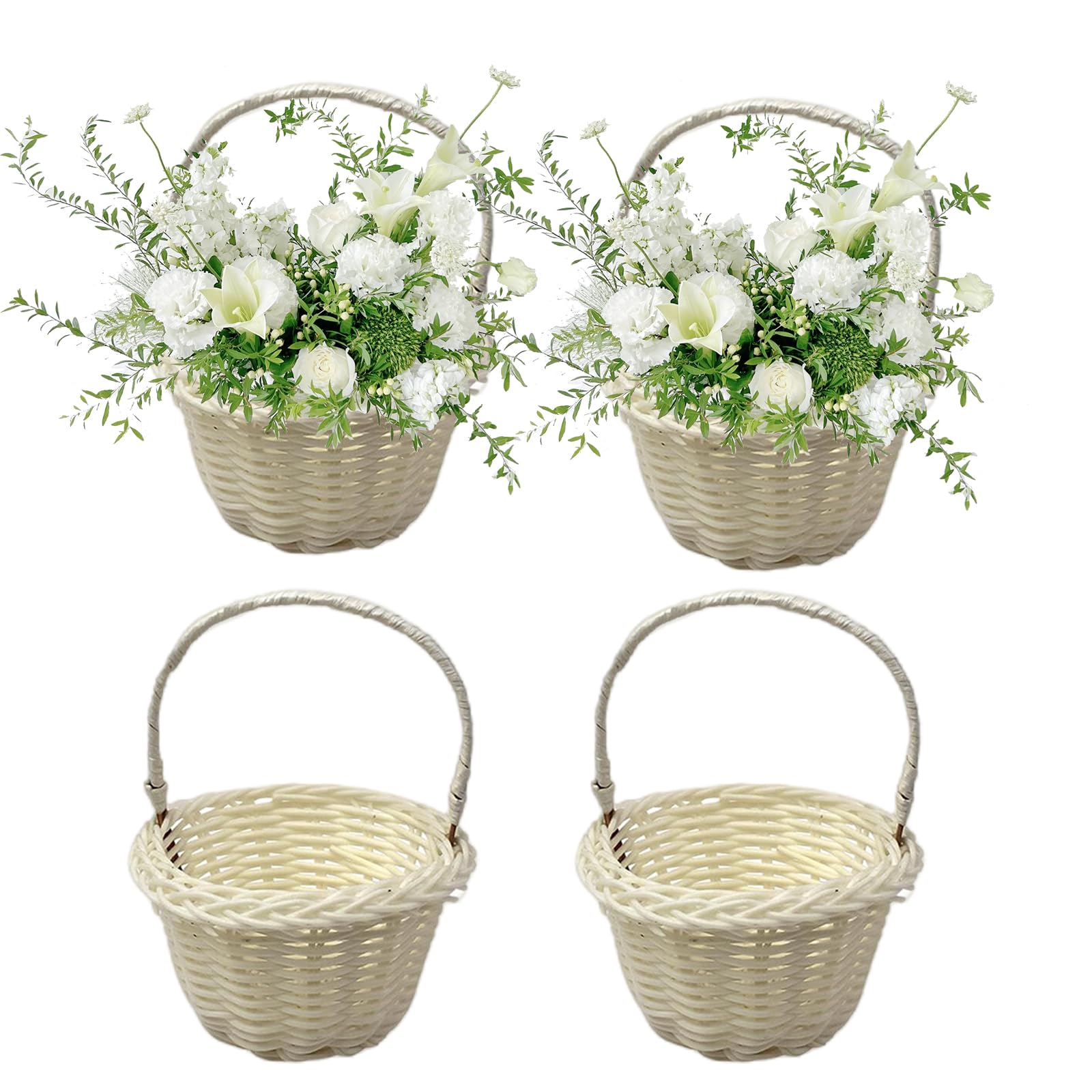 Nrgqaxm Girls White 4Pcs Flower Basket, Handheld Rattan Basket Set Small Baskets With Handle Hand Woven Storage Baskets Hanging Flower Containers Arrangement For Wedding Picnic Garden Home Decor