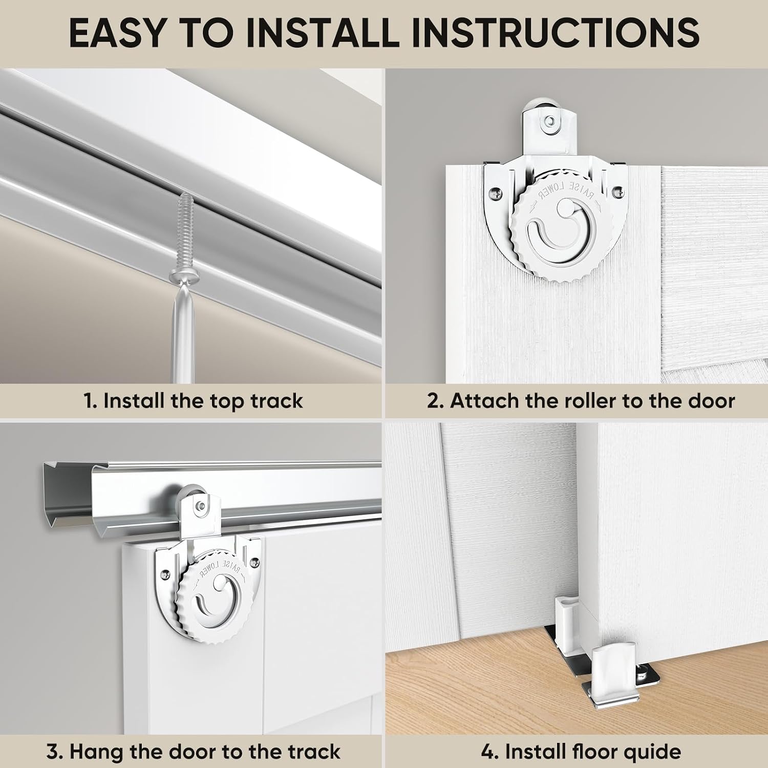 Four images showing the sliding closet doors in different applications: laundry room, living room, bedroom, and storage room