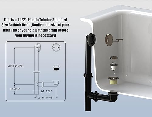 Miniatura 9 de Artiwell Kit de drenaje tubular de baño negro de 1-12 pulgadas con tapón de drenaje de baño en punta, drenaje de bañera táctil, desagüe de bañera
