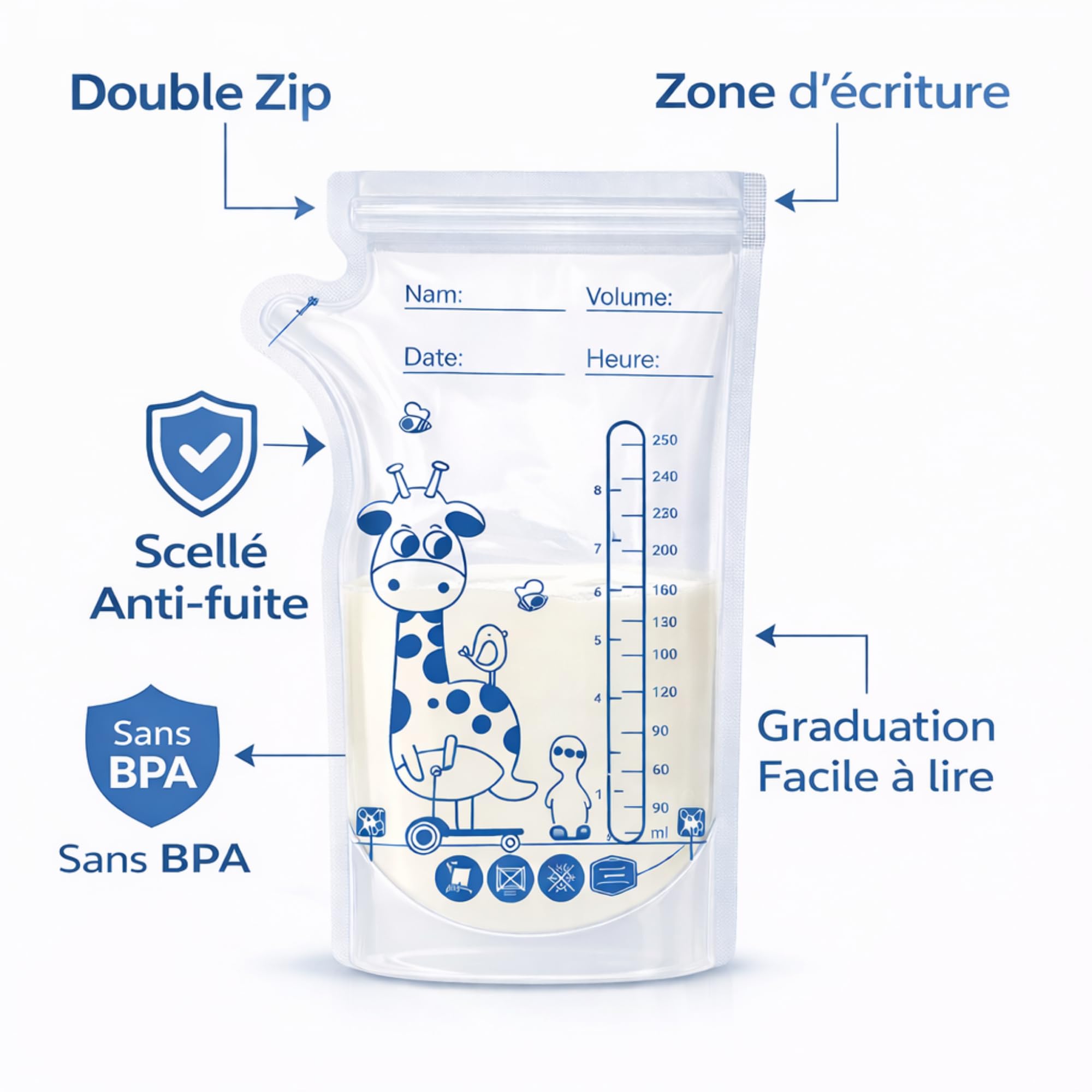 Sachets Lait Maternel 250 ml – Lot de 100 | Double Zip Anti-Fuite + Bec Verseur | Sans BPA – Conservation & Congélation – MELO