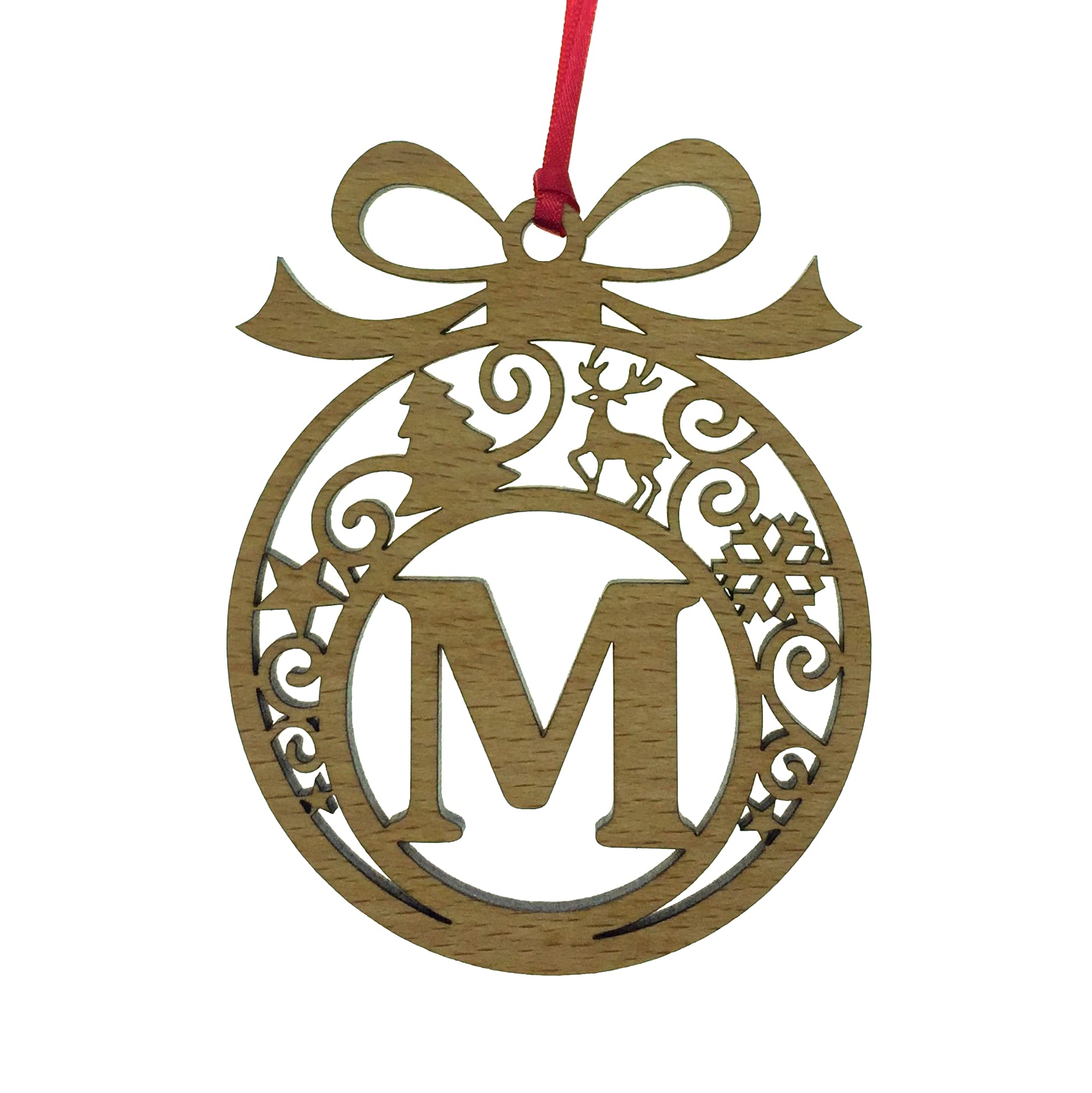 Personalised Christmas tree bauble decoration pendant ornament: Letter M, Natural Wood, Small