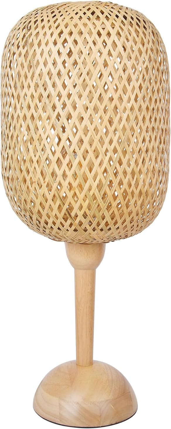 Arturesthome Large Bamboo Weaving Table Lamp with Wooden Base Eye-Caring Bedside Night Light,Wicker Table Lamp Rustic Desk Lamp for Kids Room,Home Decor