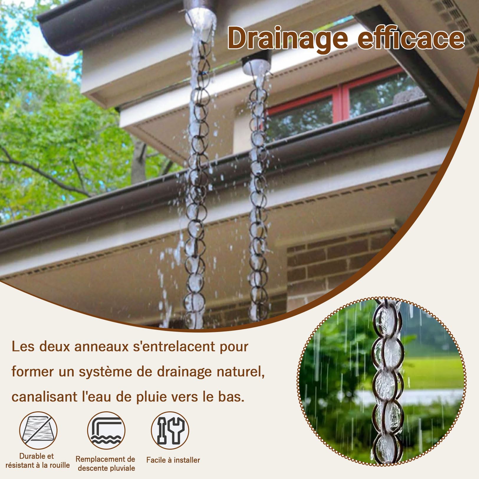 2m Chains de Pluie, Élégante chaîne de Pluie d'extérieur en Alliage d'aluminium, Pratique et élégante, idéale pour diriger l'eau de Pluie et embellir Les Jardins