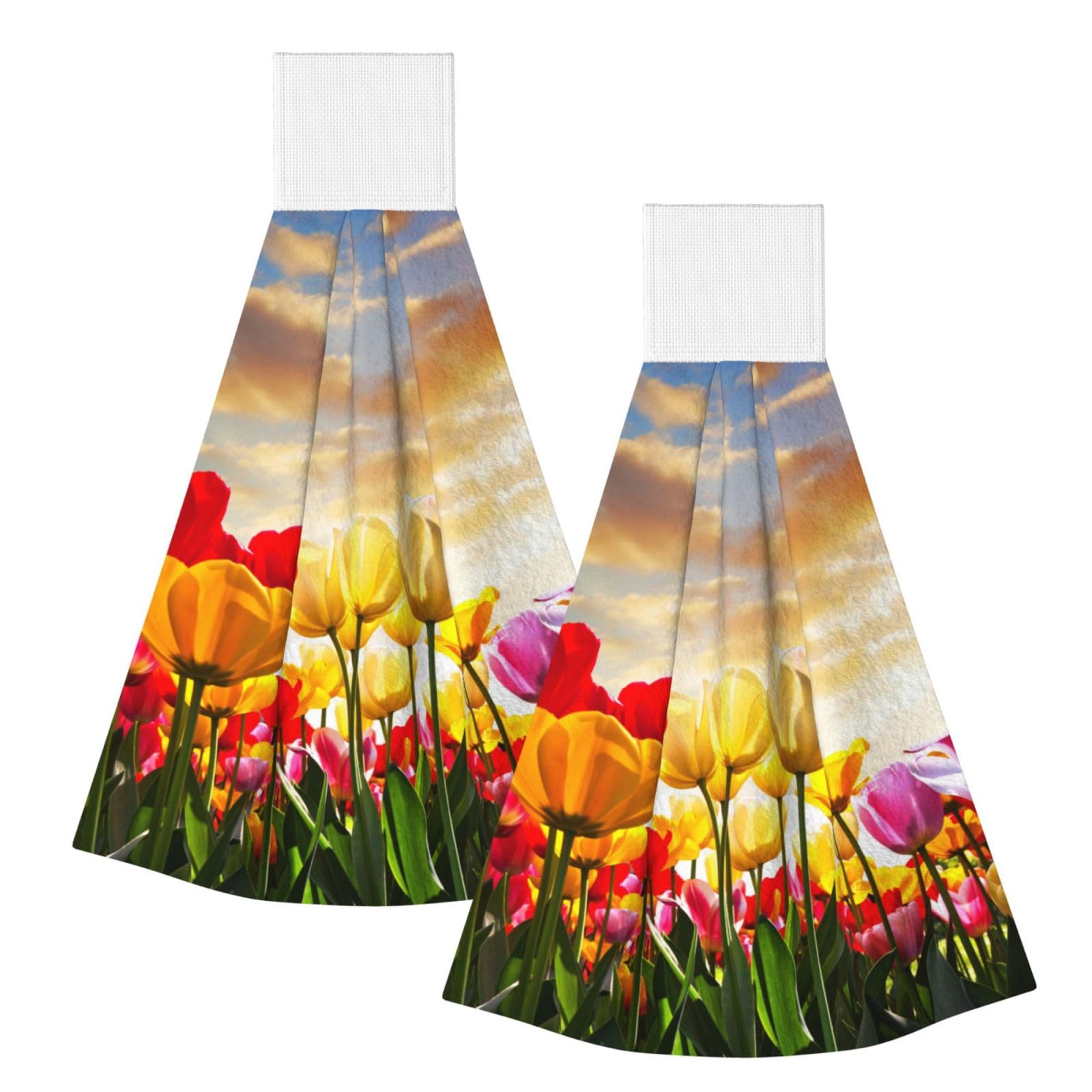 DOPKLNA Tulip Flower Sunset, 2 Pcs Hanging Coral Fiber Hand Towels for Bathroom, Absorbent Kitchen Towels