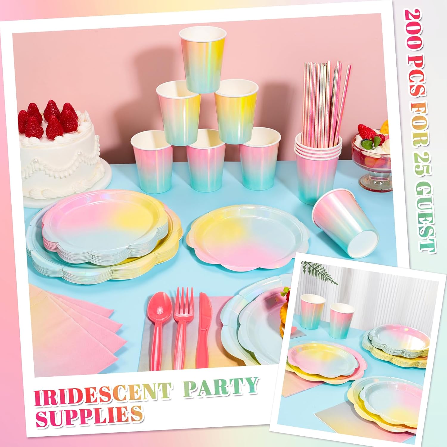 200 Pcs Iridescent Pastel Party Supplies Decorations, 25 Guest Scalloped Iridescent Pastel Plates and Napkins, Holographic Rainbow Plates Cups Napkins Straw Silverware for Girls Birthday - Image 5