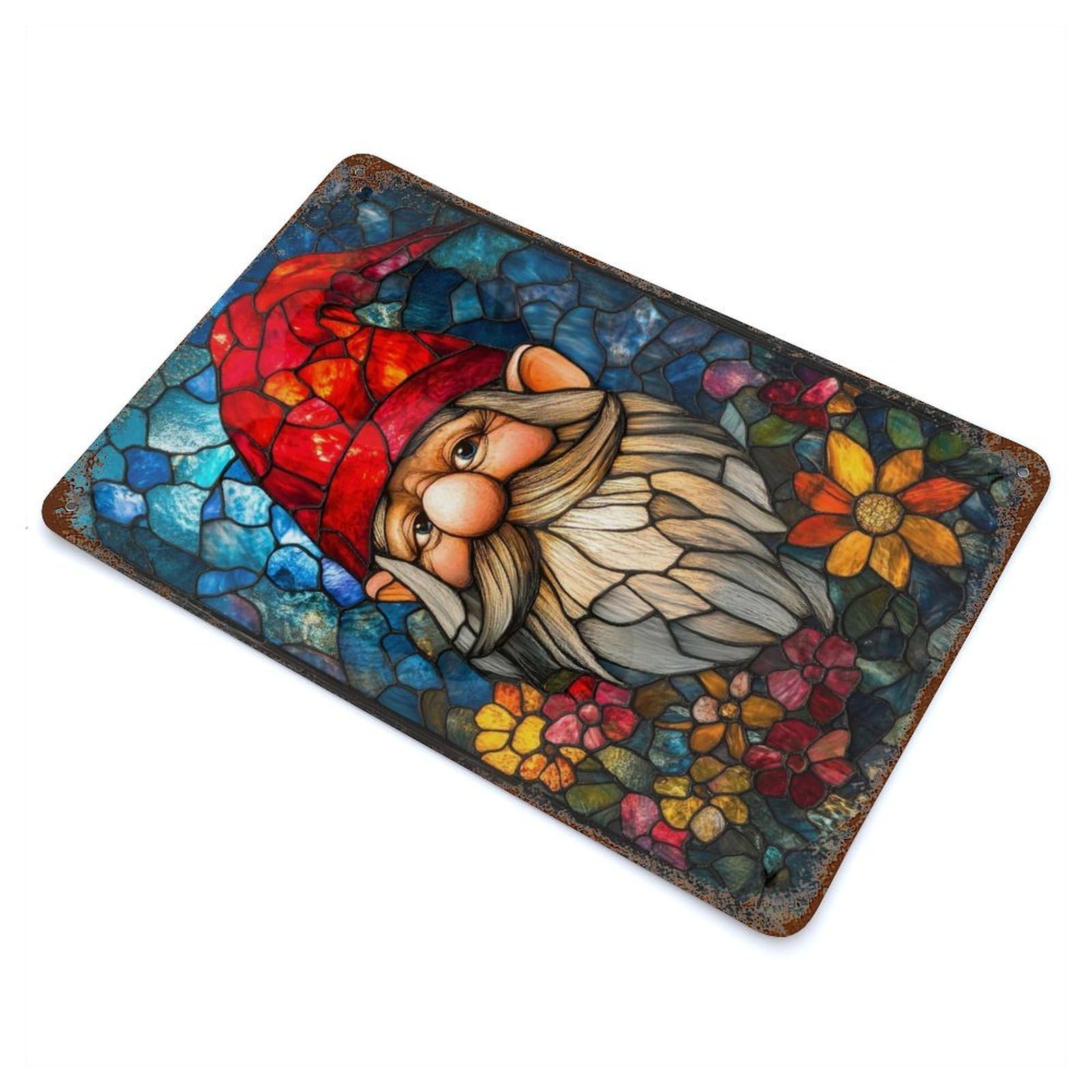Stained Glass Gnome Vintage Wall Sign 11.8"x7.9", Rust Effect Metal Decor for Bistro, Counter And Cafe Decor